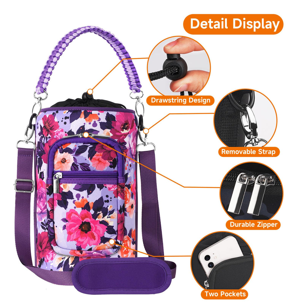 AceTreker 32/40/64/128 oz Neoprene Insulated Water Bottle Carrier Bag, Sling Bag Sleeve Pouch Holder with Strap & Paracord Handle and 2 Pocket for Travelling, Hiking, Camping