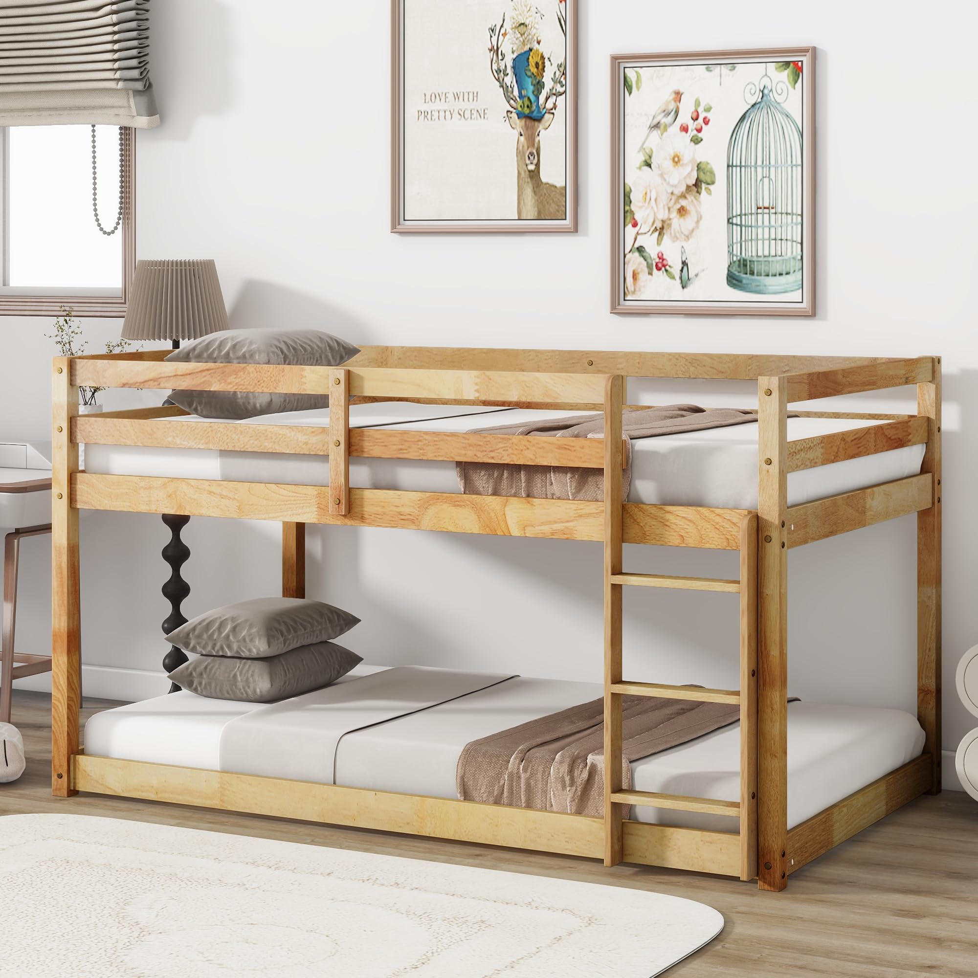 Bunk Bed Twin Over Twin, Wood Low Profile Floor Twin Bunk Beds with Headboard Ladder Guardrails for Kids Boys and Girls, No Box Spring Needed