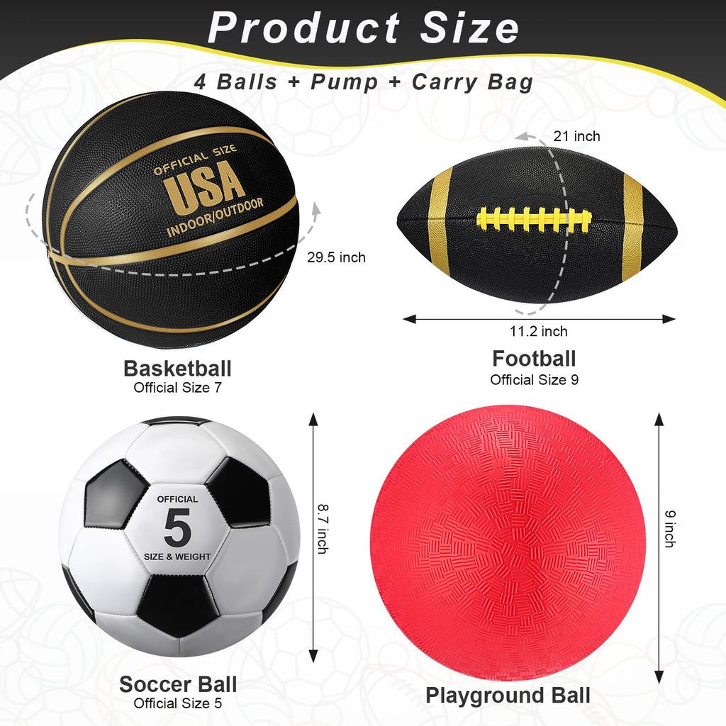 Lenwen 4 Pcs Sports Balls Set for Teen Adult, Include Official Size Basketball Soccer Football Playground Ball Pump Equipment Bag Ball Gifts Back to School