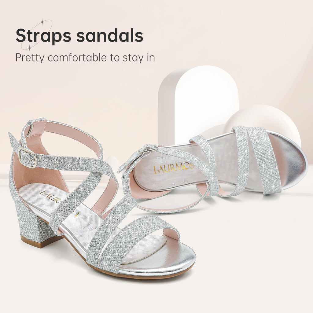 LAURMOSA Girls Sandals Chunky High Heel Strappy Open Toe Ankle Strap Dress Shoes for Little Big Kids in Wedding Party