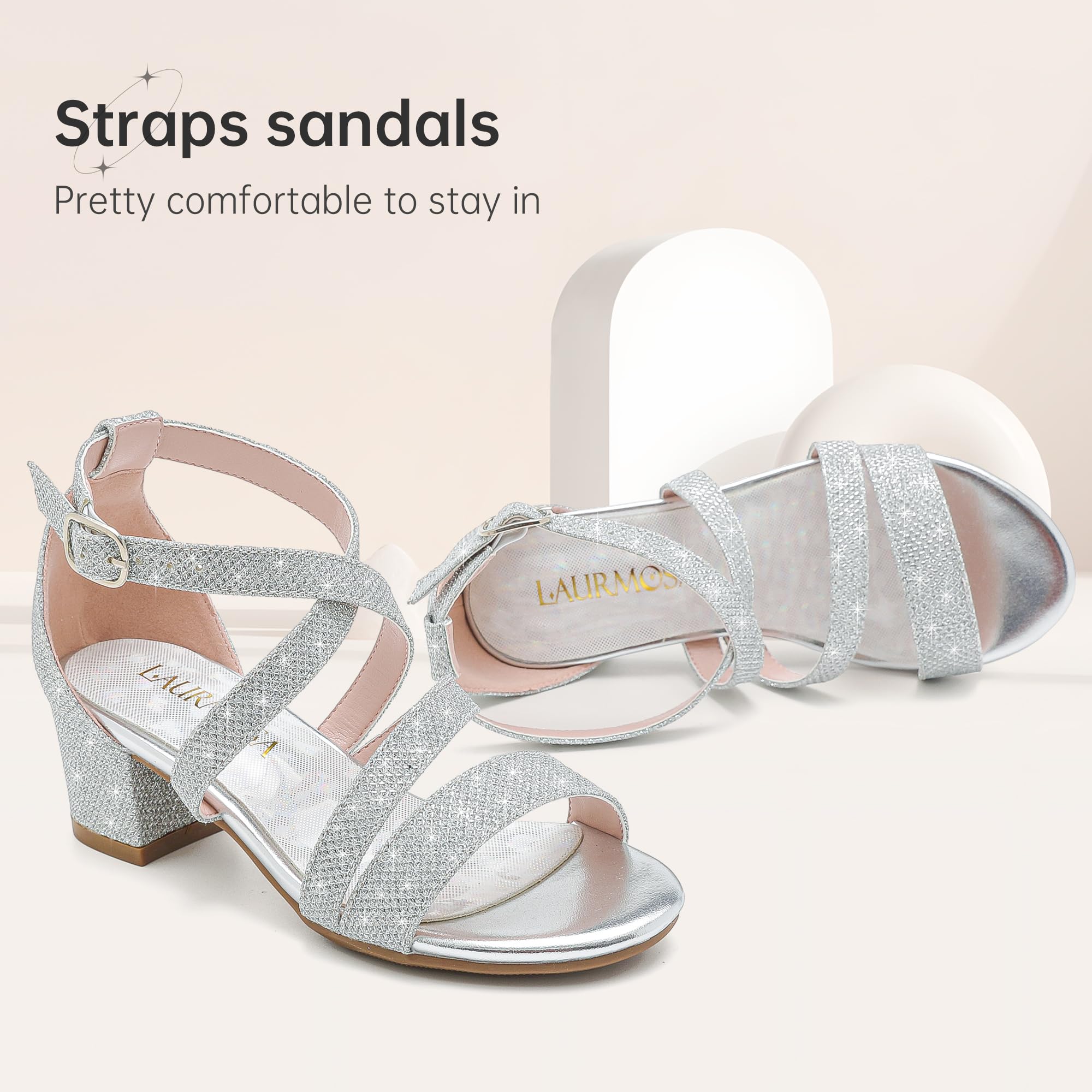 LAURMOSA Girls Sandals Chunky High Heel Strappy Open Toe Ankle Strap Dress Shoes for Little Big Kids in Wedding Party