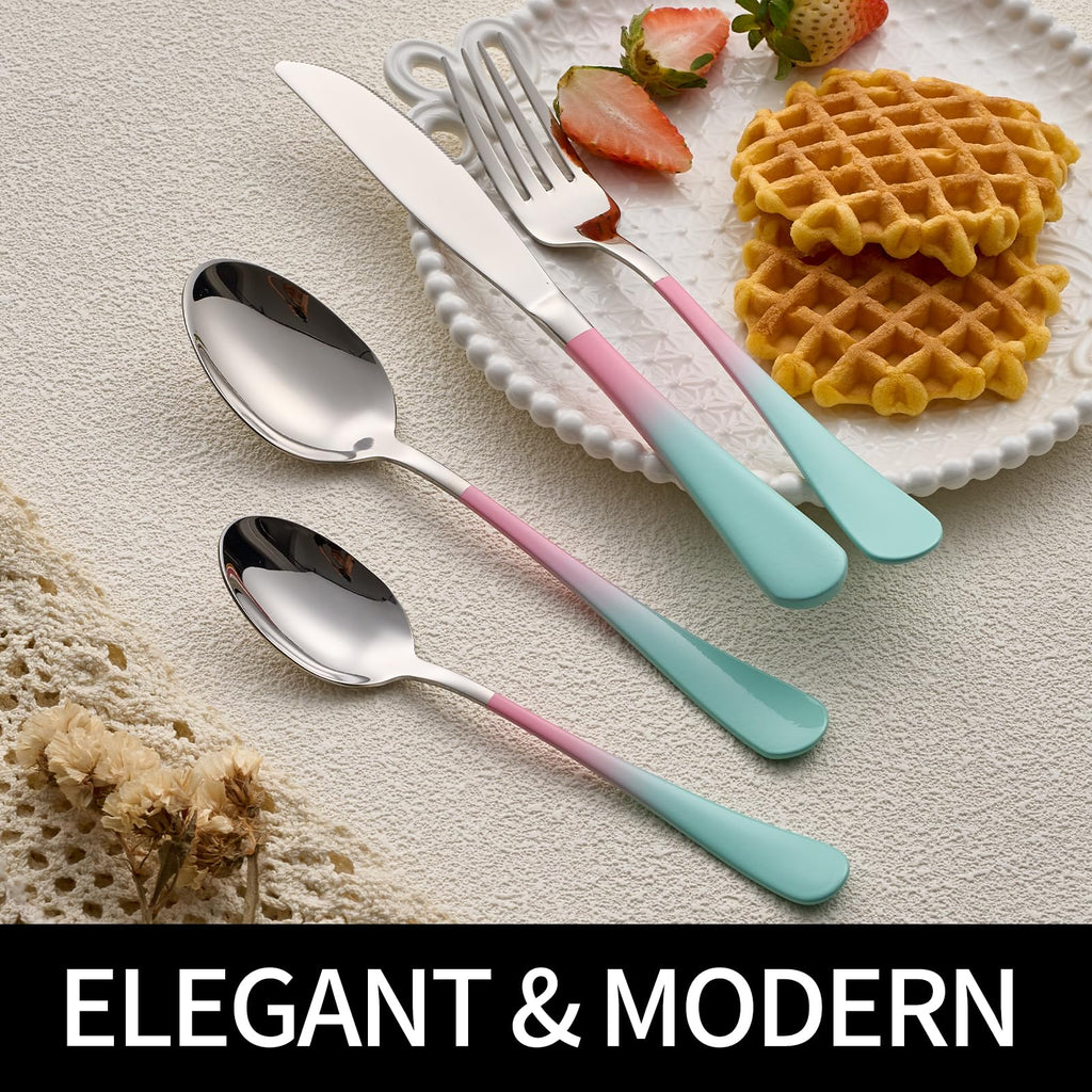 20-Pieces Blac and Pink Silverware Sets for 4,Pink Handle Stainless Steel Cutlery Set, Include Forks Spoons and Knives Set, Dishwasher Safe Utensil Sets for Home Restaurant