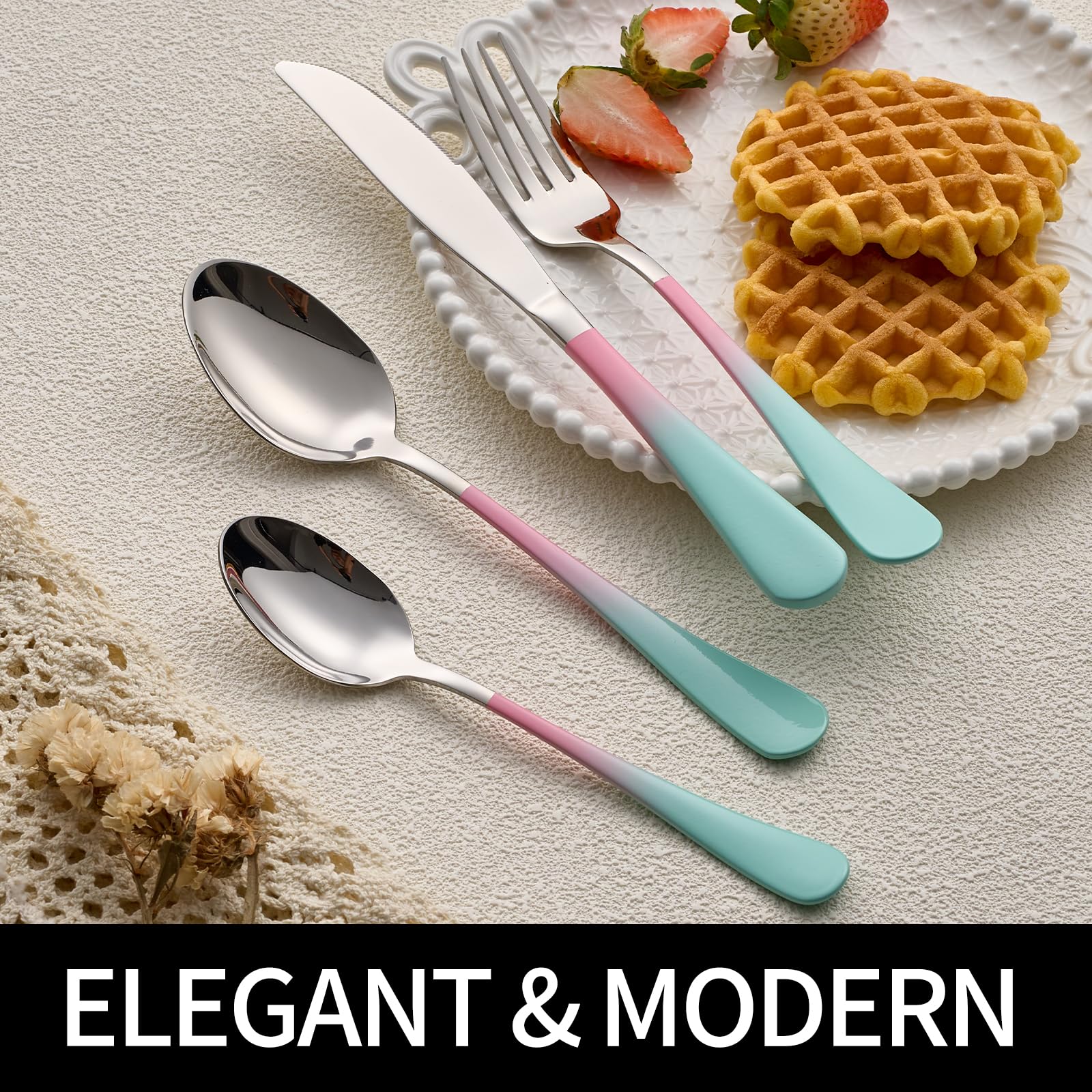 20-Pieces Blac and Pink Silverware Sets for 4,Pink Handle Stainless Steel Cutlery Set, Include Forks Spoons and Knives Set, Dishwasher Safe Utensil Sets for Home Restaurant
