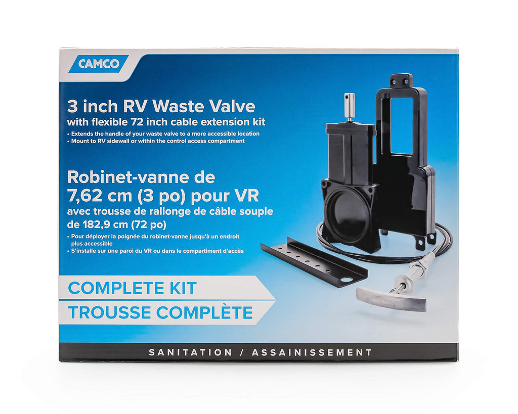 Camco RV Sanitation System 3" Waste Valve with 72" Cable Extension Kit for Sidewall or Control Access Compartment Mount Installation