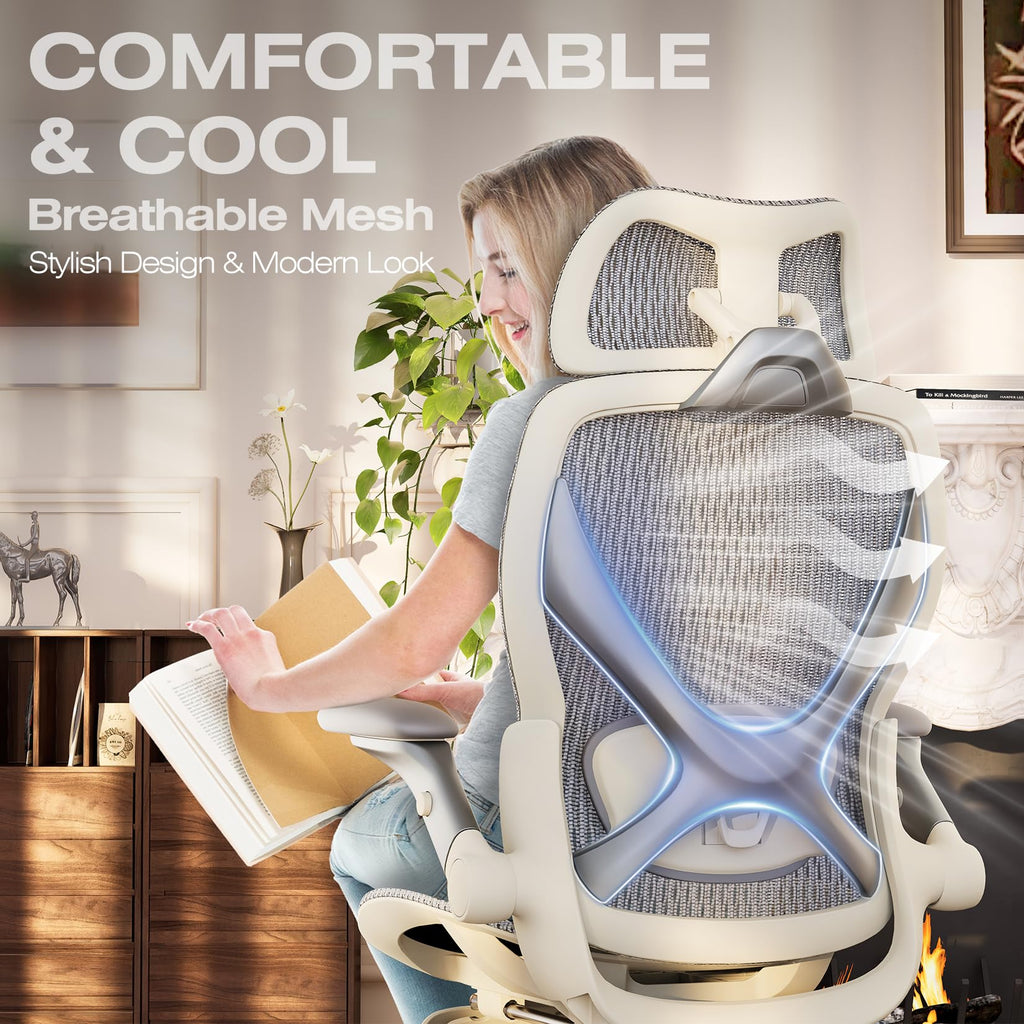 ELABEST X100 Ergonomic Office Chair with Footrest, Big and Tall Home Desk Chair with 5D Flip-Up Arms, Adjustable 3D Lumbar Support,High Back Rolling Computer Chair, Swivel Mesh Chairs (Coffee Break)