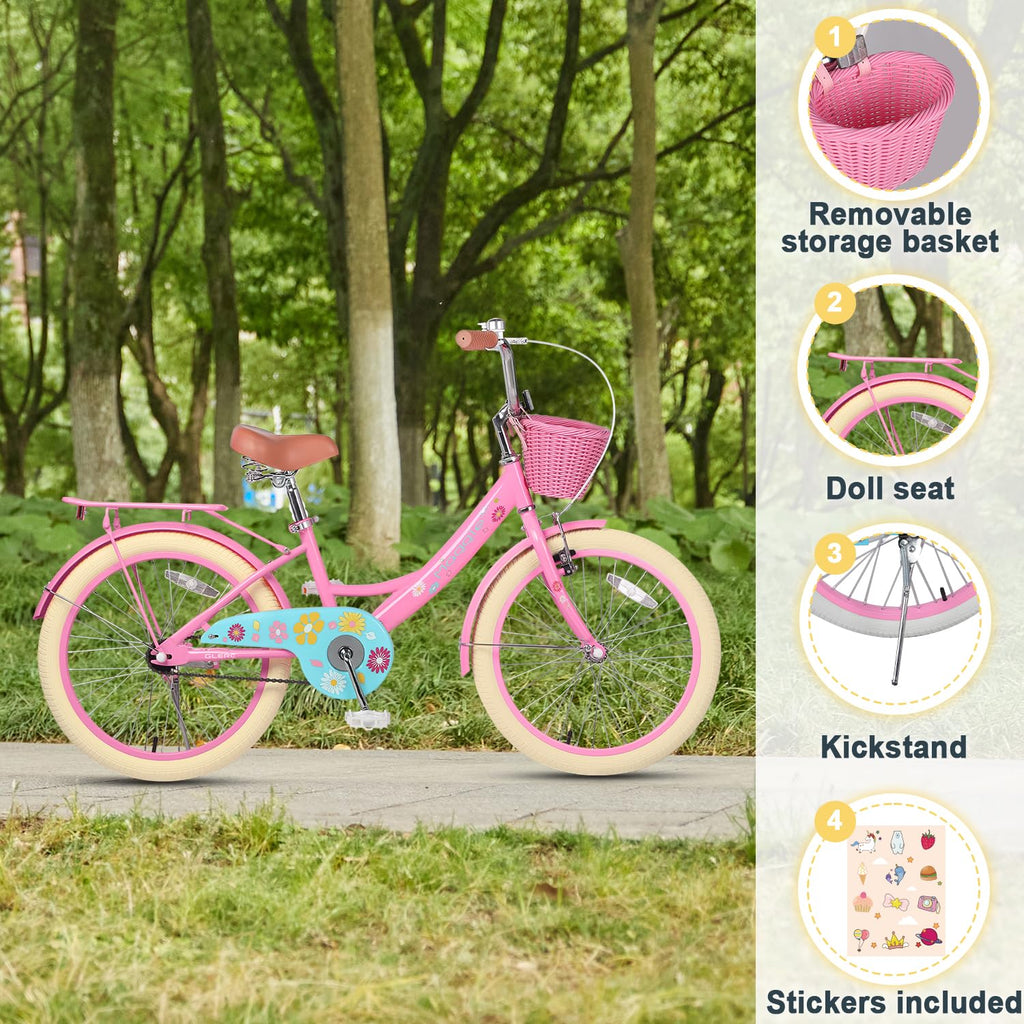 Glerc Maggie Girls Bike, 12-20 Inch Kids Bike for 2-13 Years Old Children, Princess Style Kids Bicycle with Doll-Seat & Basket & Training Wheels, Multiple Colors