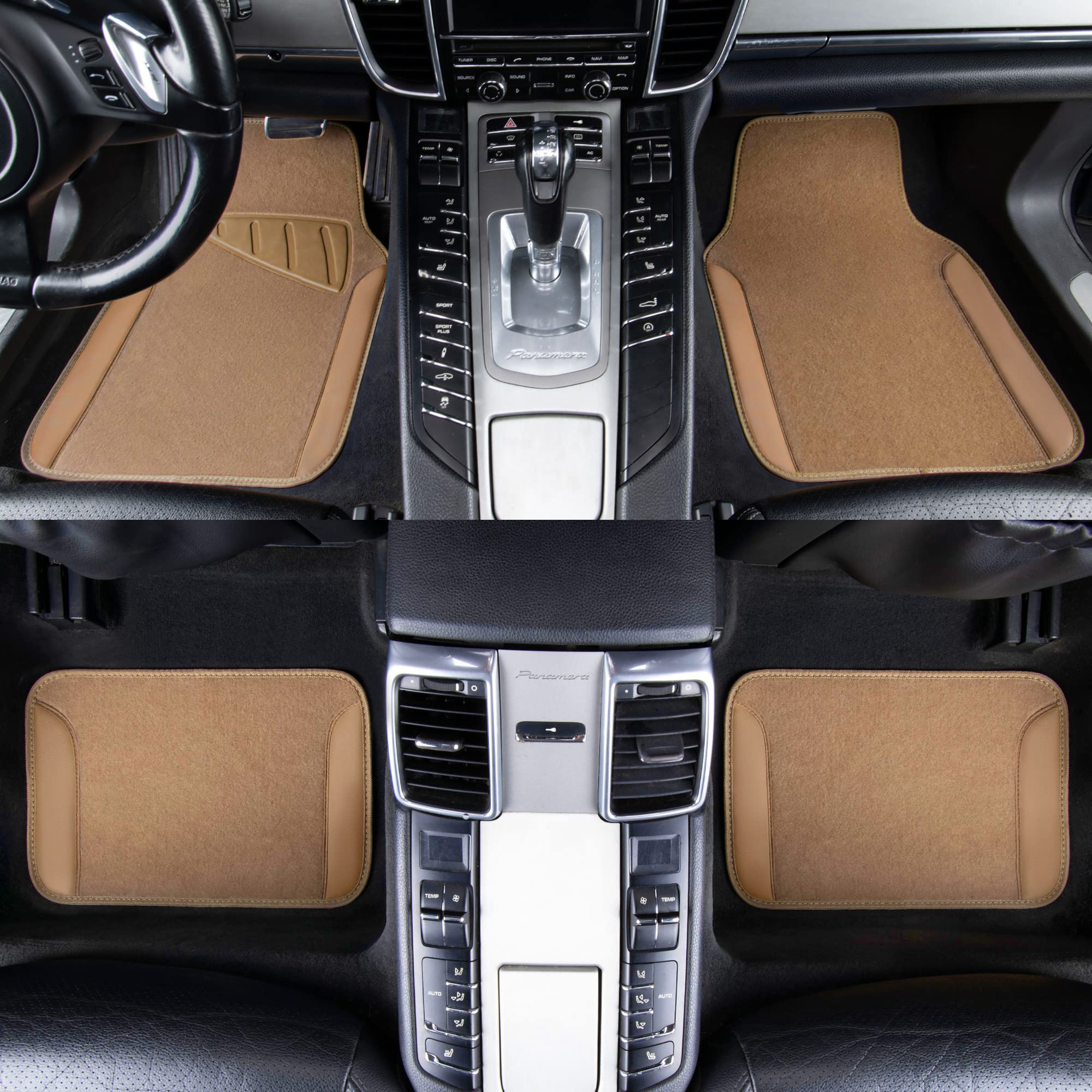 CAR PASS Beige Leather & Waterproof Car Carpet Floor Mats, Universal Car Mats Fit for SUV,Vans,sedans, Trucks,Set of 4pcs Car Carpet with Anti-Slip nibbs Driver Heel Pad (All Beige)
