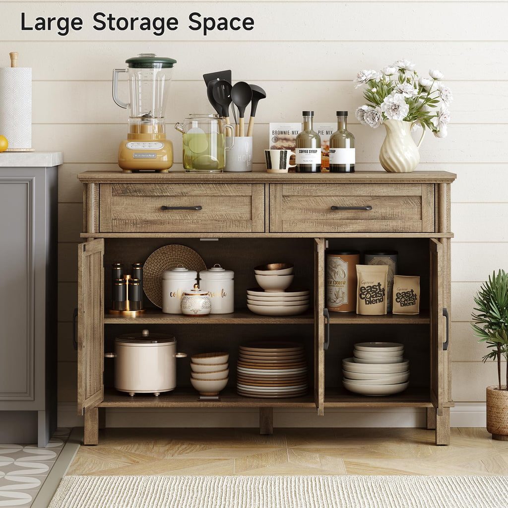 ONBRILL 48 Inches Buffet Cabinet with Storage, Farmhouse Sideboard Buffet w/2 Drawers and 3 Doors, Wood Coffee Bar Cabinet with Adjustable Shelves, Sideboard Storage for Kitchen, Living Room, Black