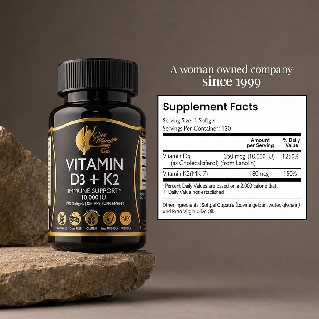 Cocó March N.M.D Vitamin D3+K2 10,000 IU - High Potency Supplement for Women & Men, Immune Support, Bone & Joint Health - Gluten-Free, Non-GMO, 4 Month Supply, 250 mcg D3, 180 mcg of Vitamin K2