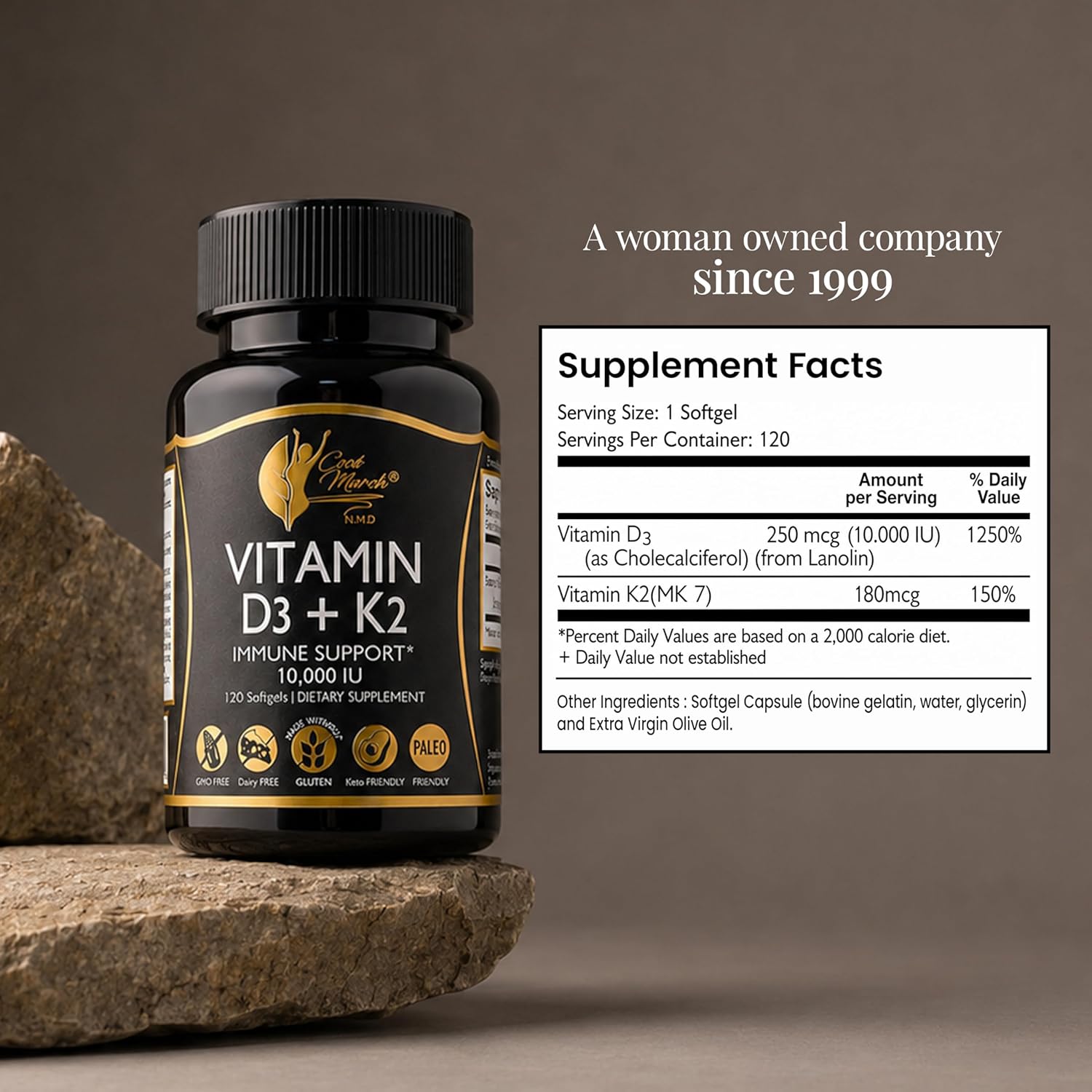 Cocó March N.M.D Vitamin D3+K2 10,000 IU - High Potency Supplement for Women & Men, Immune Support, Bone & Joint Health - Gluten-Free, Non-GMO, 4 Month Supply, 250 mcg D3, 180 mcg of Vitamin K2