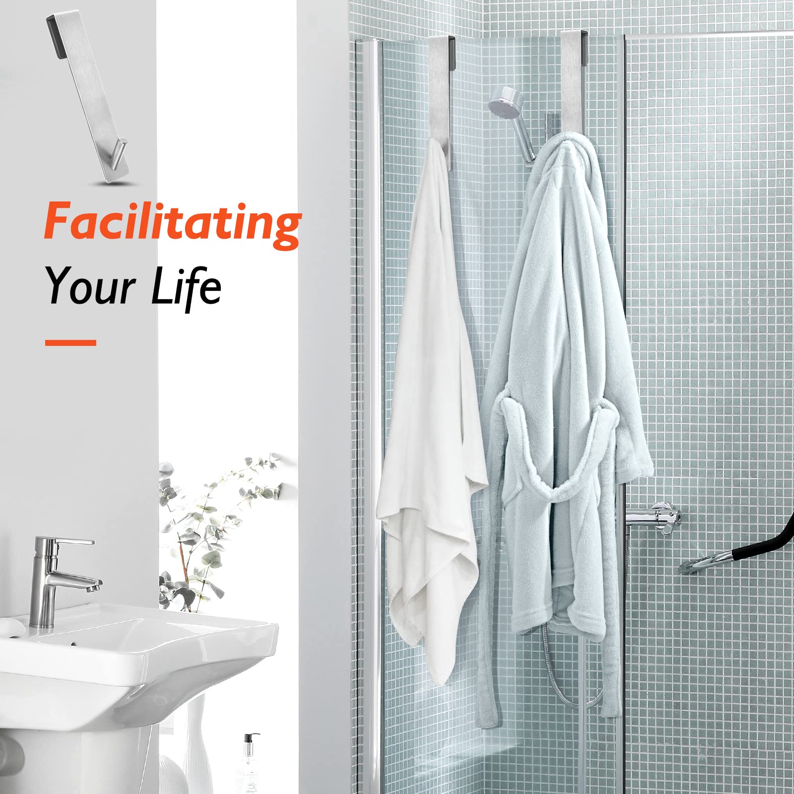 Kontoyo Shower Door Hooks(7.5 Inch),Extended Over Door Hooks for Bathroom Frameless Glass Shower Door,Stainless Steel Towel Hooks,Heavy Duty Rack Hooks for Robe,Towel-2 Pack-Black
