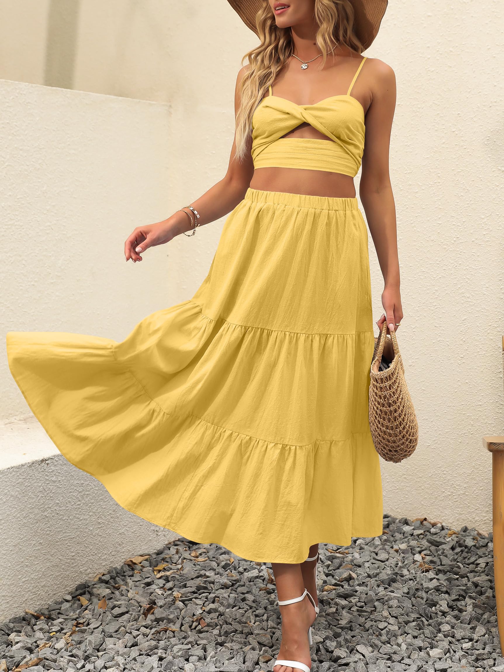 ANRABESS Women’s Summer Boho Flowy Swing Tiered A-Line Maxi Skirt 2026 Fashion Trendy Elastic Waist Pleated Long Beach Dress