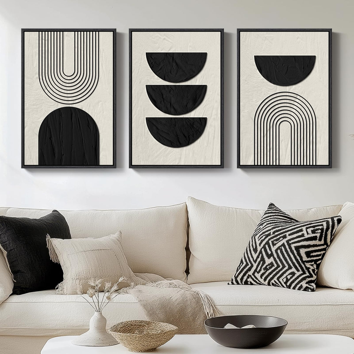 Framed Black and White Modern Abstract Wall Art, 3 Piece Canvas Prints Paintings Artwork for Walls, Minimalist Black White Grey Pictures for Living Room Dining Room Bedroom Office Wall Decor 16x24 In