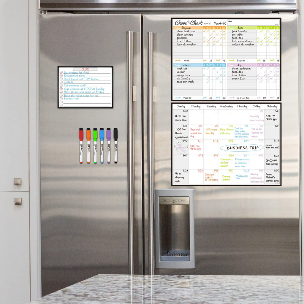JJPRO Magnetic Dry Erase Chore Chart Set for Fridge-Used for Multiple Kids-One Chore Chart and Two Bonus Dry Erase Pad/Grocery Boards-Behavior Chart for Multiple Kids