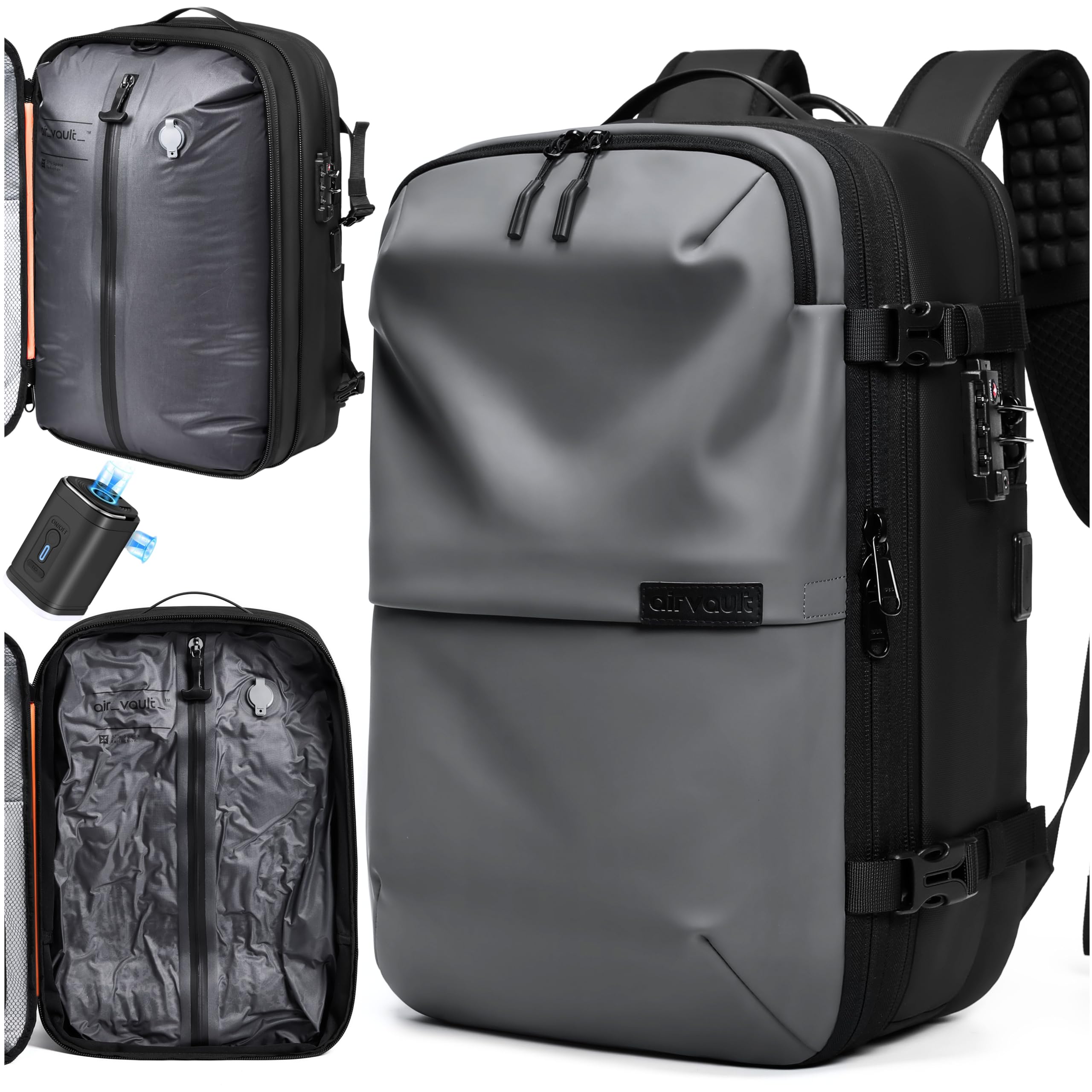 AirVault Vacuum Seal Travel Backpack 60L with Expandable HyperSeal Air Compression Vacuum System Water Resistant TSA Lock (Vacuum Pump Included, Black, 60L)