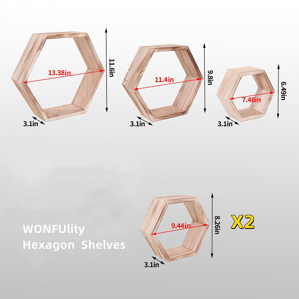WONFUlity Hexagon Shelves for Wall Mounted, Wood Farmhouse Storage Honeycomb Floating Shelves for Wall Decor,Screws Anchors Included,5pc
