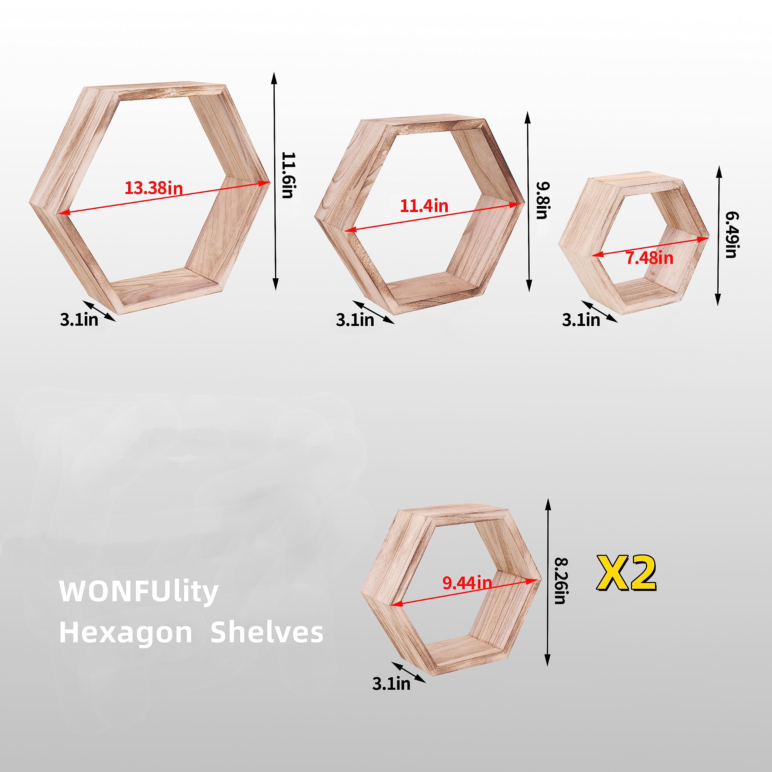 WONFUlity Hexagon Shelves for Wall Mounted, Wood Farmhouse Storage Honeycomb Floating Shelves for Wall Decor,Screws Anchors Included,5pc