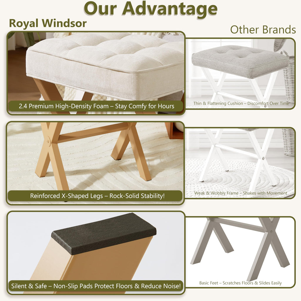 Royal Windsor Vanity Stool with Saddle Cushion, 18 Inch Makeup Vanity Chair for Living Room, Modern Foot Stool Ottoman Piano Bench,Small Upholstered Bench for Bedroom, Beige