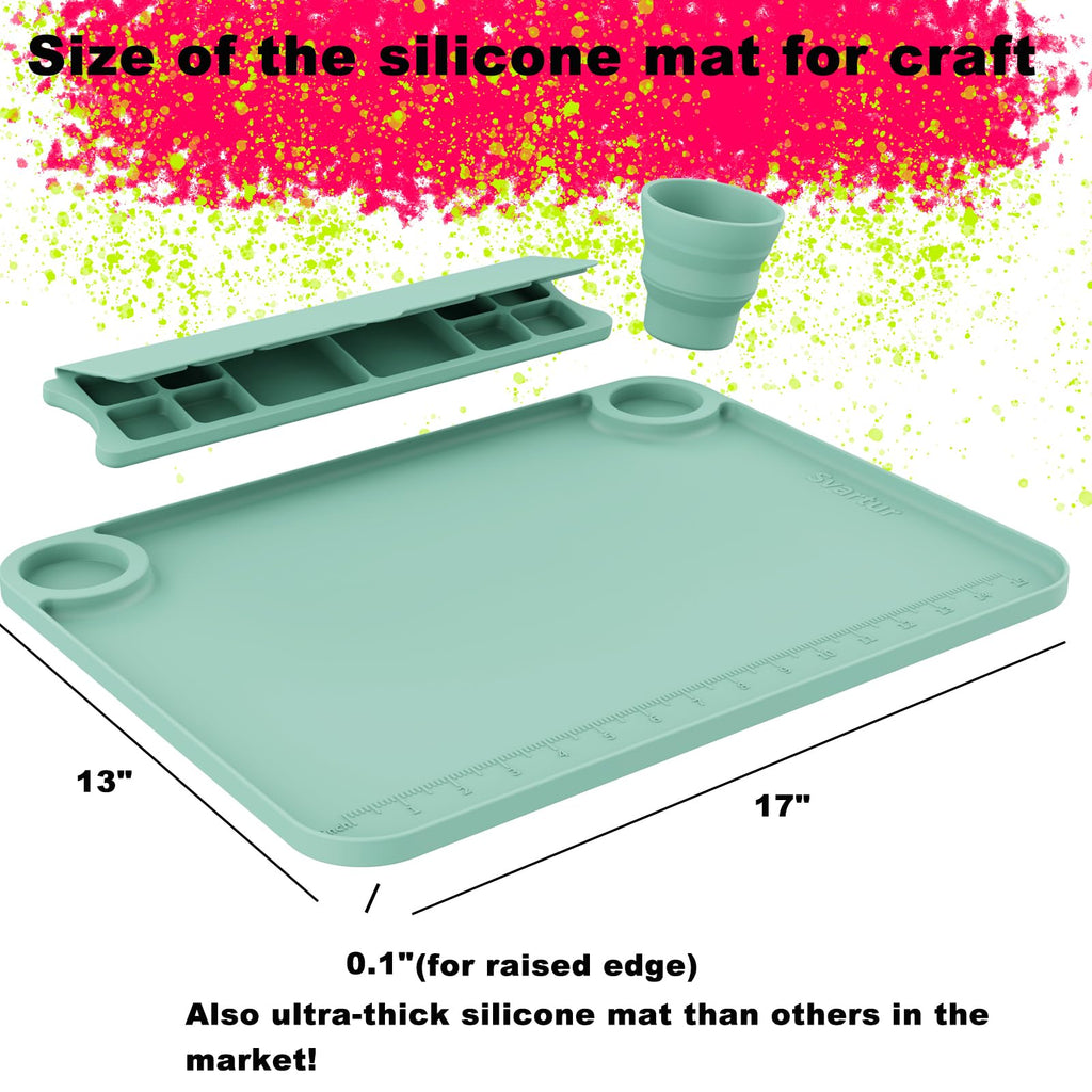 Svartur Silicone Art Mat - 17" X 13" With Cup and Palette, Raised Edge for Craft, Artist Creator Mat for Resin DIY, Coral Pink