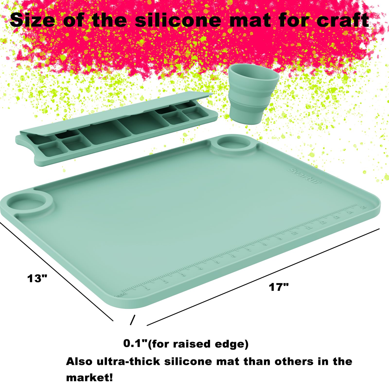 Svartur Silicone Art Mat - 17" X 13" With Cup and Palette, Raised Edge for Craft, Artist Creator Mat for Resin DIY, Coral Pink