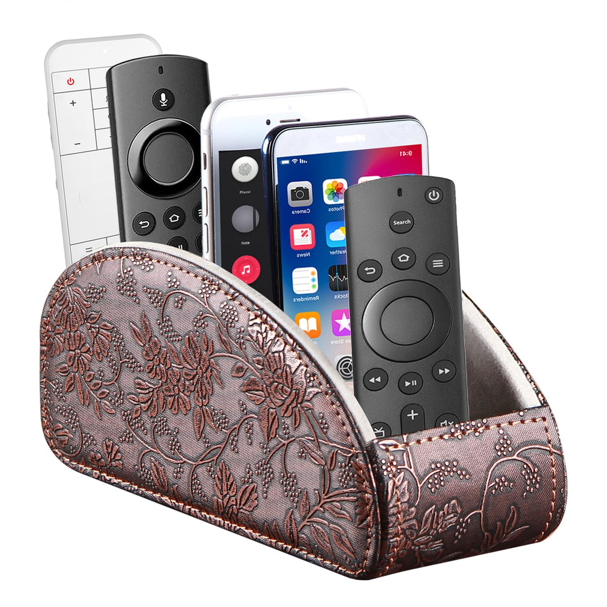 YAPISHI All-in-One Leather Brown TV Remote Holder with 5 Compartments Nightstand Desktop Media Player Remote Caddy Storage Box Organizer Tray for Mobile Office Phone Controller