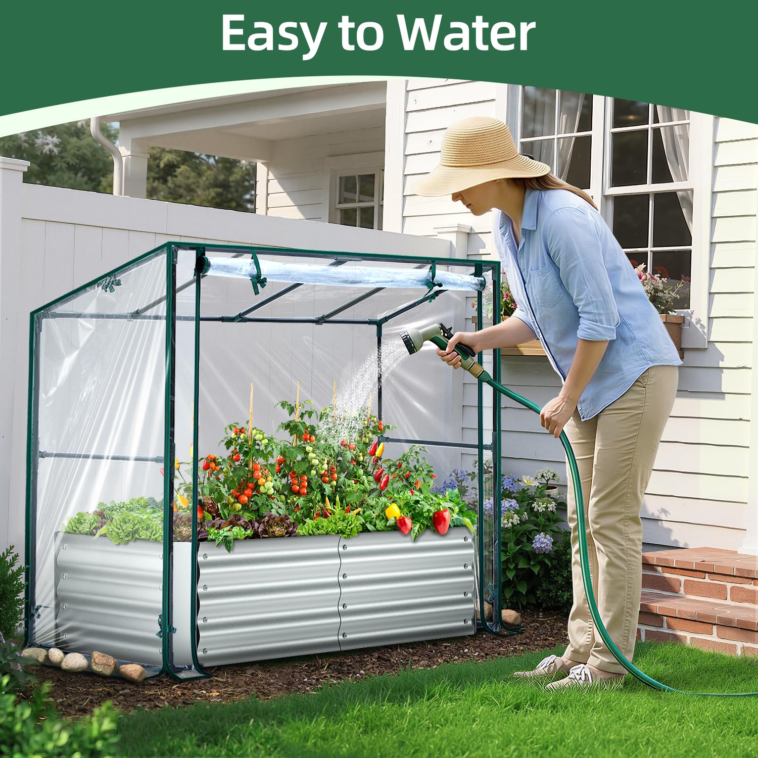 Ohuhu 8x4x1 FT Raised Garden Bed with Cover, 3-in-1 Galvanized Metal Planter Box with Greenhouse for Outdoor Plants, Dual-Side Access for Easy Plant Care, All-Season Frost & Pest Protection