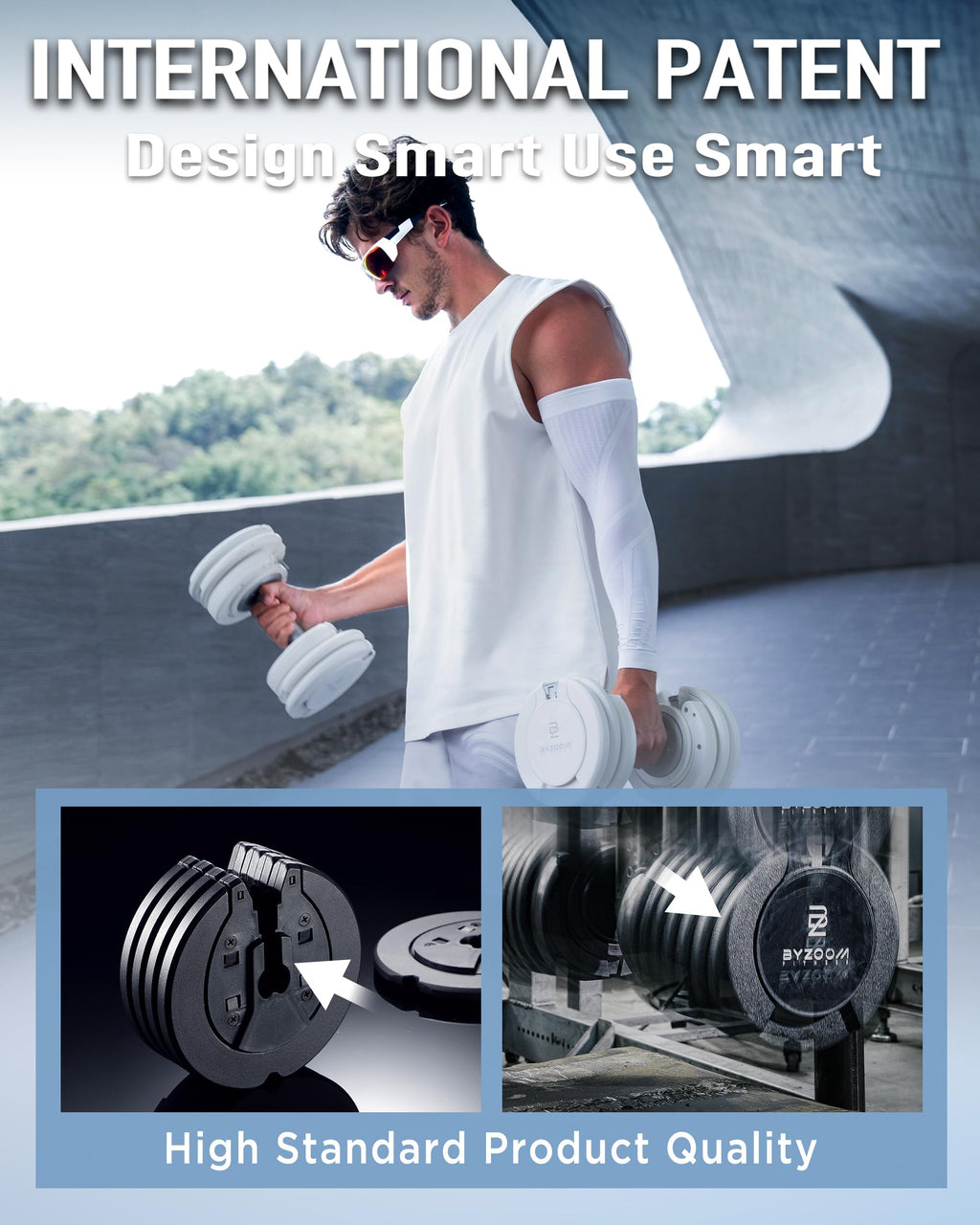 BYZOOM FITNESS Pure Series Adjustable Dumbbell - 12.5/25/27.5/50/55/75lb - ONE UNIT OR PAIR(check QTY before purchase) - 5-in-1/ 10-in-1 / 15-in-1 / 21-in-1 Flexible Hand Weights for Home Apartment Garage Gym, Strength Training & Fitness Workouts, White O