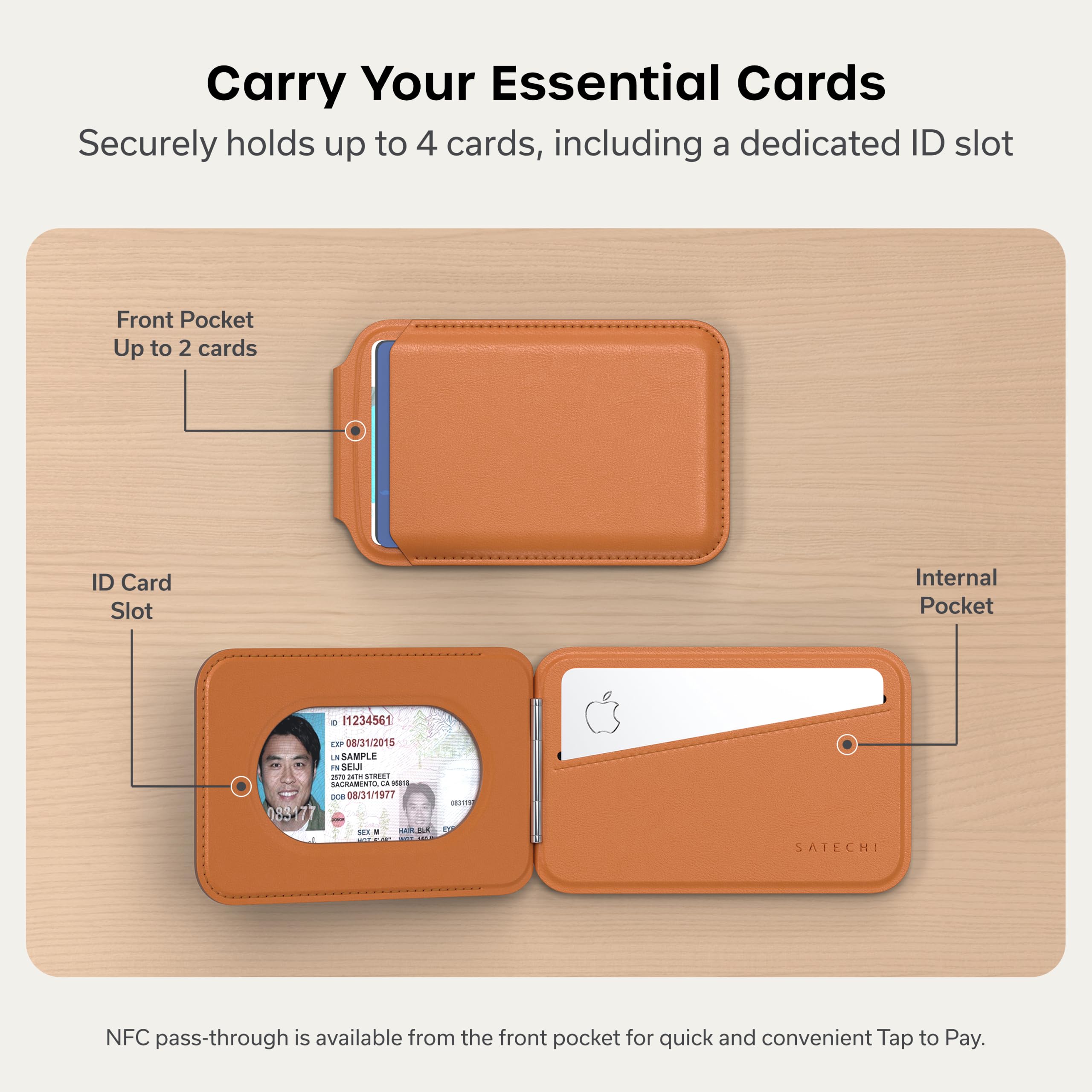 Satechi Magnetic Magsafe Wallet, Double Flap Stand Card Holder, 4 Slots with Front NFC Pass-Through, Adjustable Phone Attachment for iPhone 17/16/15/14/13/12, Travel Accessory