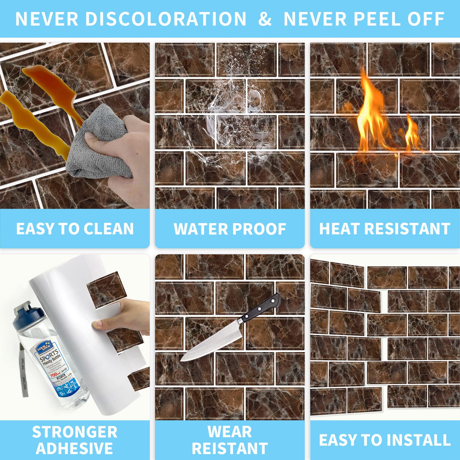 URCOLOR 10-Sheet Back Splashes for Kitchens Peel and Stick,12"x12" Self Adhesive Subway Wall Tiles Stick on backsplash Tiles for Bathroom Black Marble