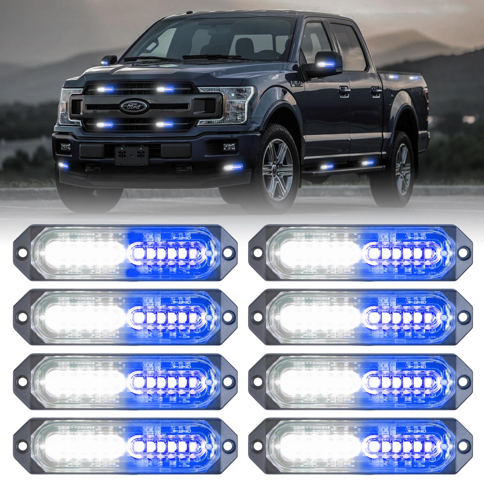 8-Pcs 12 LED Sync Feature Emergency Strobe Grille Lights Ultra Slim Surface Mount Hazard Warning Flashing Light Bar for Firefighter/Construction/Police/Trucks/Vehicles/Car/SUV (Amber/White)