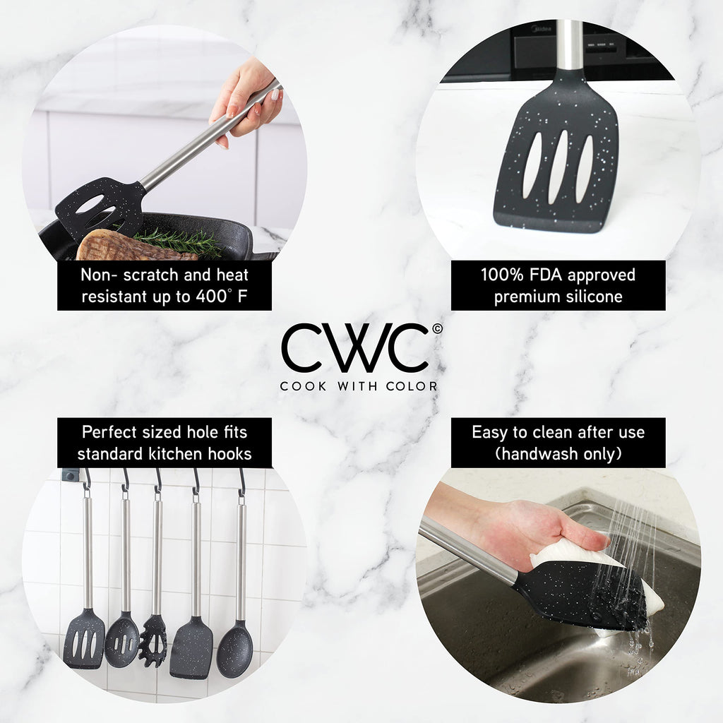 COOK WITH COLOR Silicone Cooking Utensils, Kitchen Utensil Set, Easy to Clean Silicone Kitchen Utensils, Cooking Utensils for Nonstick Cookware, Kitchen Gadgets Set with Holder, 10 Pieces