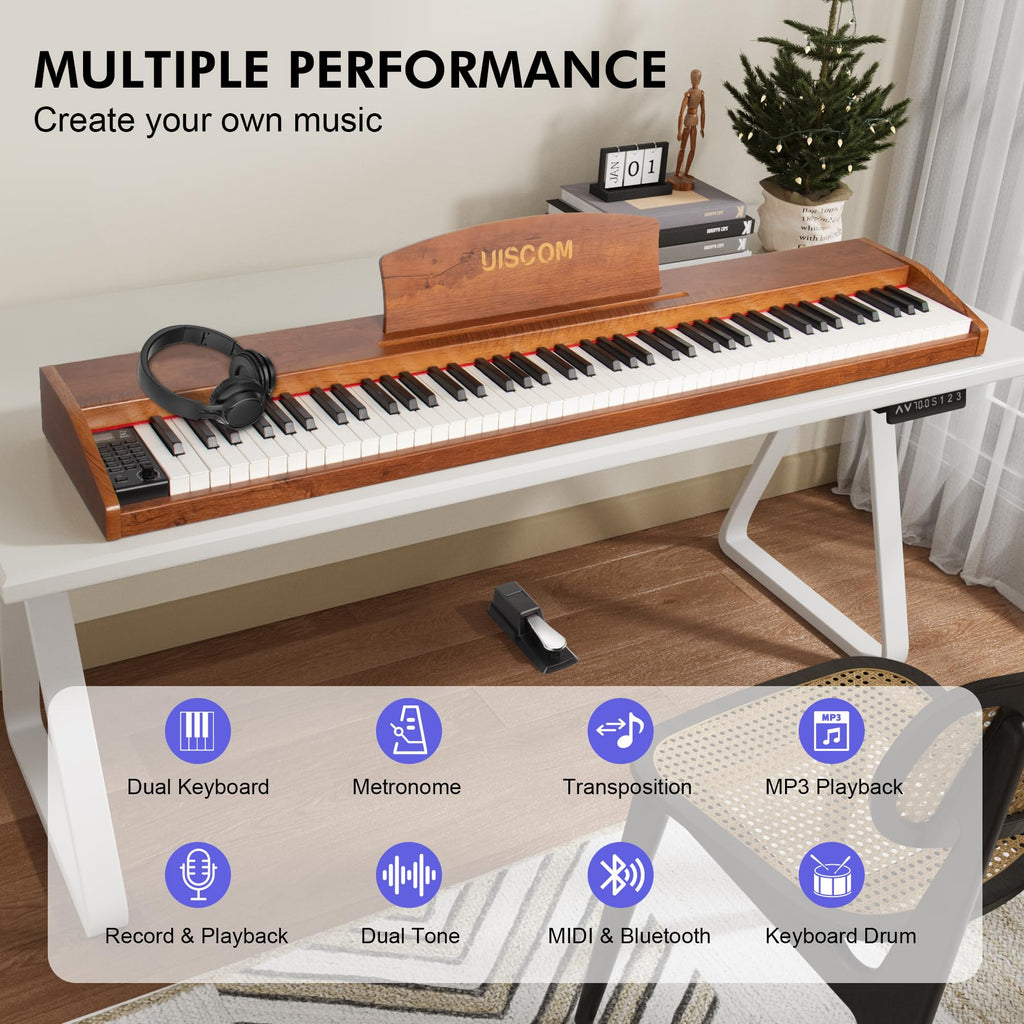 UISCOM Digital Piano Keyboard for Beginners, Full Size 88 Key Semi-Weighted Keyboard Electric Piano with Stand,Power Adapter,Sheet Music Stand,Pedal,Headphone,USB-MIDI Compatible,Wood Grain Apricot