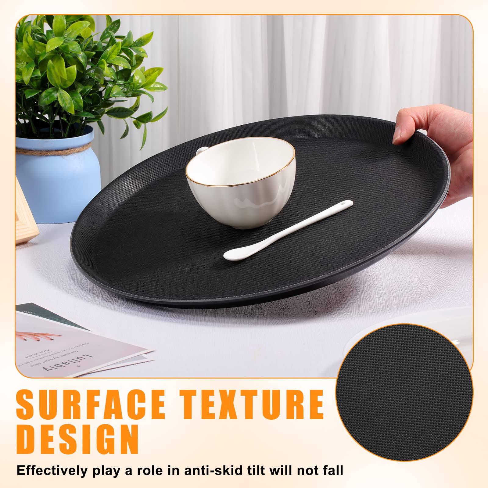 Zopeal 2 Pieces Black Round Restaurant Serving Tray, Plastic Non Slip Surface Food Meals Server Tray with Raised Edges for Home, Kitchen, Restaurant, Cafeteria, Bar (11")