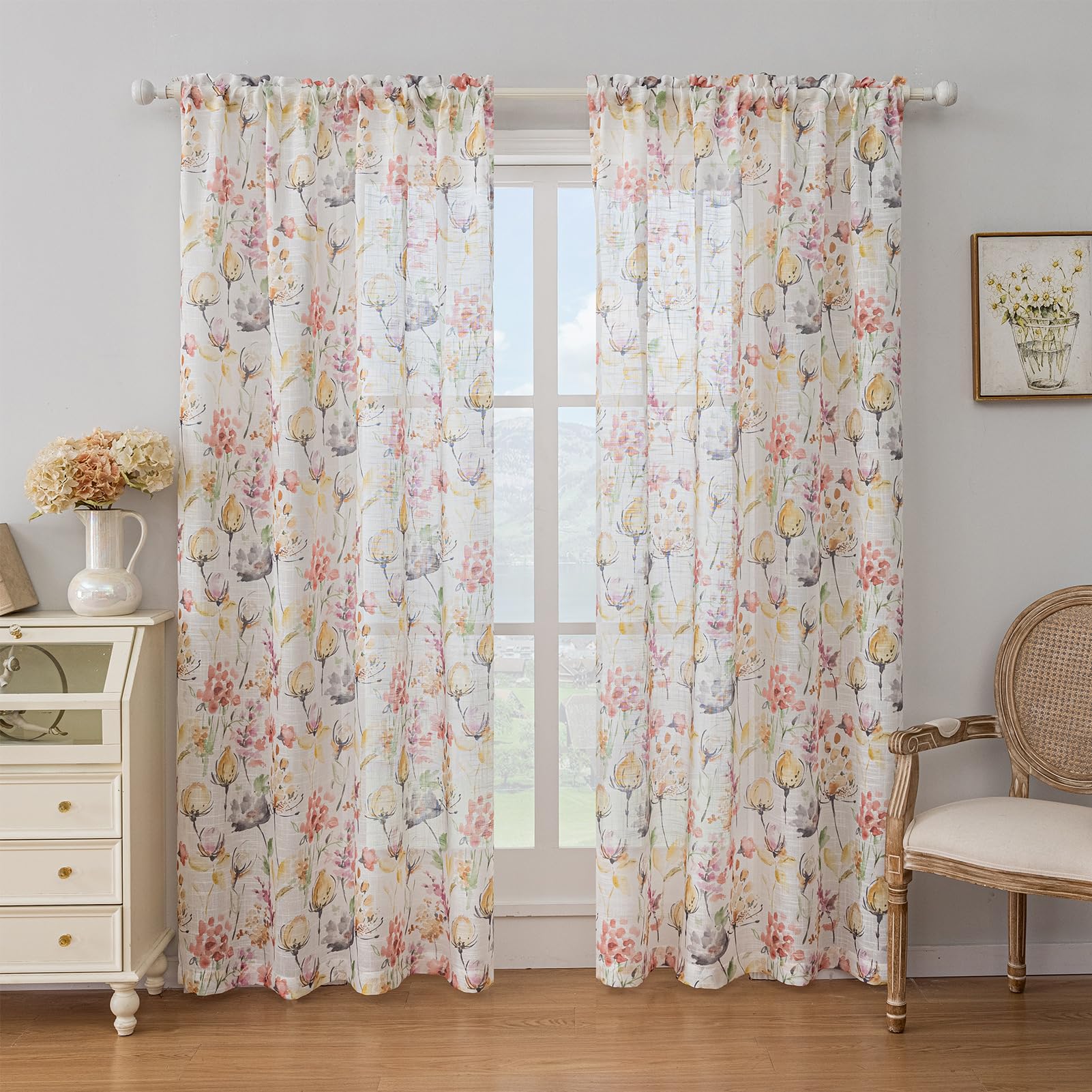 SUOUO Blue Leaf Semi Sheer White Curtains for Bedroom Dining Living Room Linen Textured 84 inches Long Rod Pocket Boho Window Drapes 2 Panels