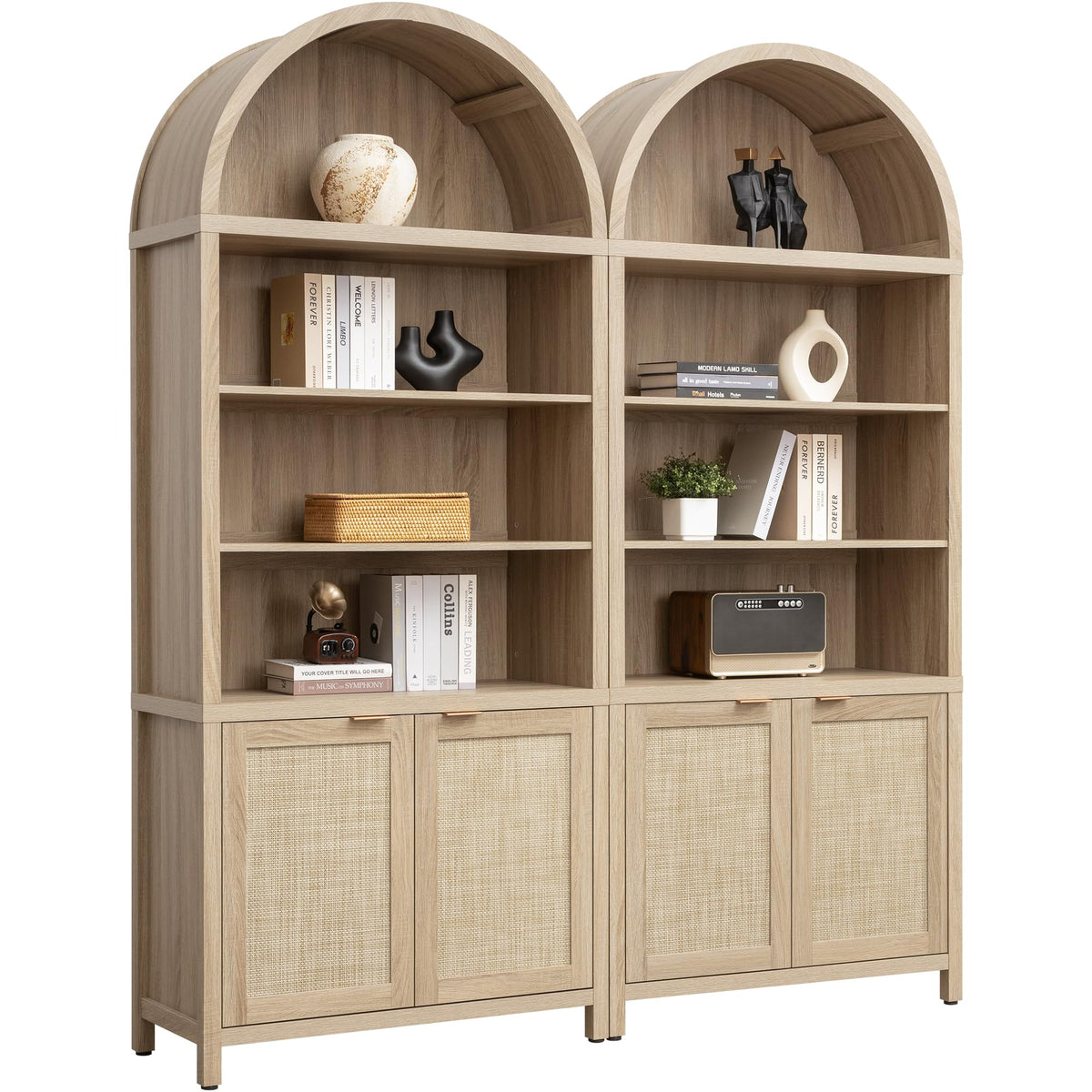 SICOTAS Book Shelf Arched Cabinet Bookshelf Arch 84.2" Tall Bookcase 5 Tier Large Bookshelves with Doors Storage Rattan Boho Wide Book Shelves Case for Living Room Kitchen Office Bedroom Library