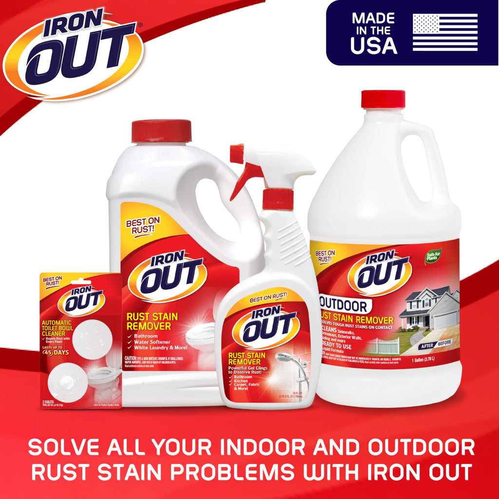 Iron OUT Liquid Rust Stain Remover, Pre-mixed, Quickly Removes Rust Stains from Concrete, Vinyl and Other Outdoor Surfaces, No Scrubbing, Safe to Use, Made in the USA, 1 Gallon