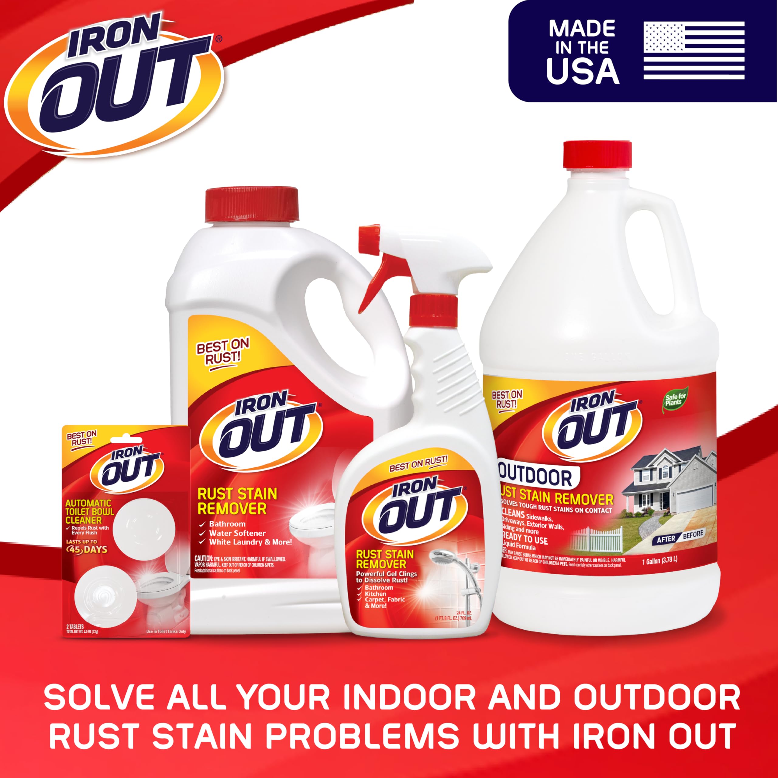 Iron OUT Liquid Rust Stain Remover, Pre-mixed, Quickly Removes Rust Stains from Concrete, Vinyl and Other Outdoor Surfaces, No Scrubbing, Safe to Use, Made in the USA, 1 Gallon