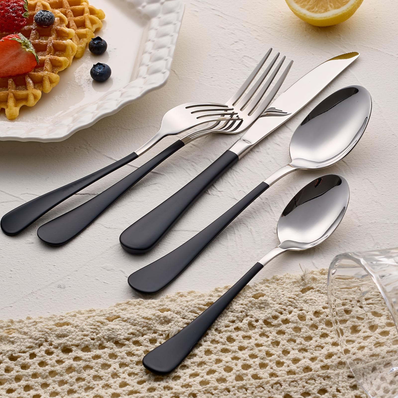 20-Pieces Blac and Pink Silverware Sets for 4,Pink Handle Stainless Steel Cutlery Set, Include Forks Spoons and Knives Set, Dishwasher Safe Utensil Sets for Home Restaurant