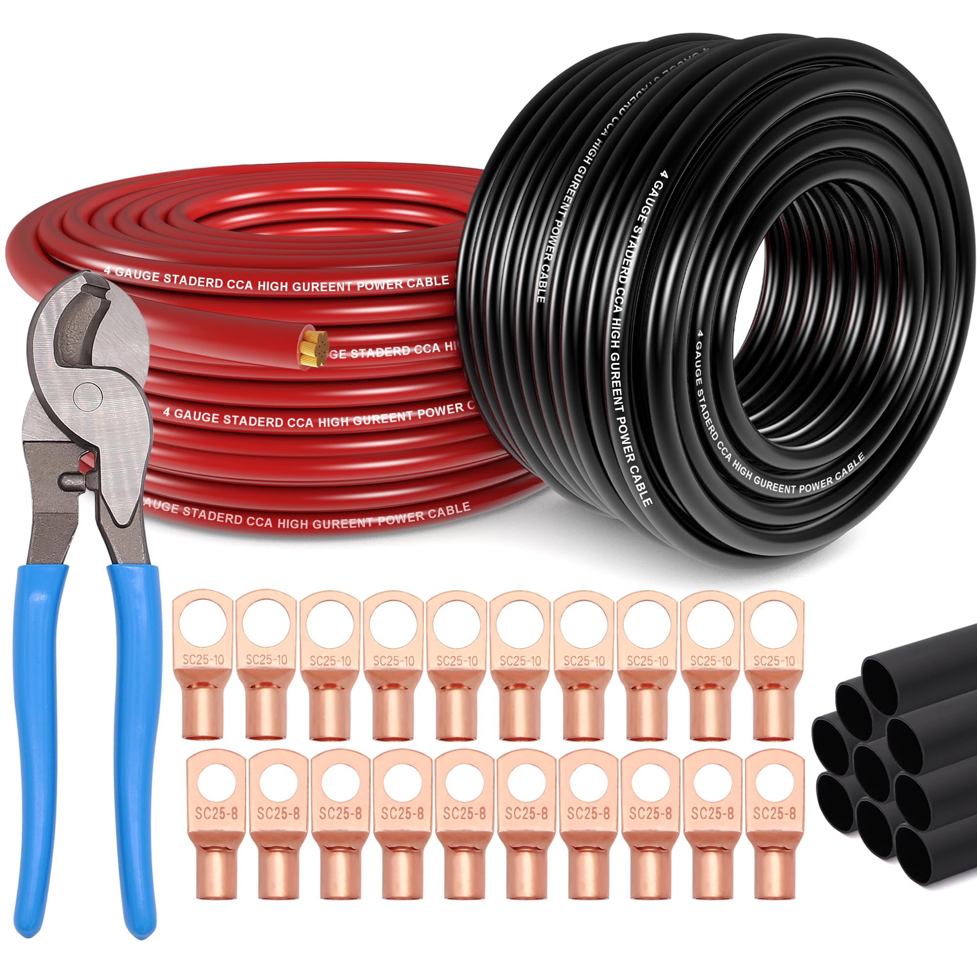 4 Gauge Wire (50ft Each - Red/Black) Copper Clad Aluminum CCA with Cable Cutter,Lugs Terminal Connectors and Heat Shrink Tube - Battery Power/Ground Cable,Car Audio Speaker,RV Trailer Amp Wiring kit