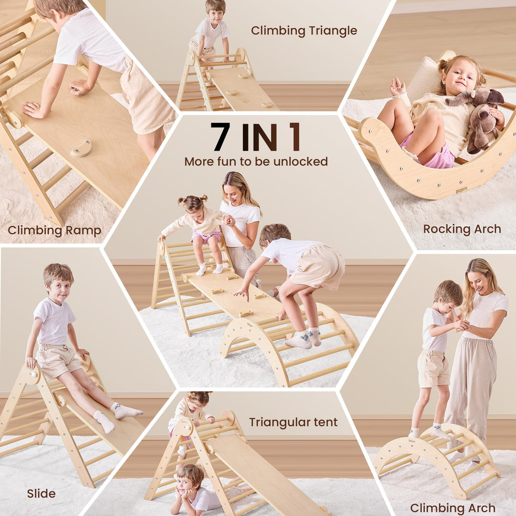 Belleur 7-in-1 Climbing Toys for Toddlers 1-3 Years Old, Foldable Wooden Pikler Triangle Set Indoor, Montessori Climbing Set with Arch, Ramp & Ladder - Natural