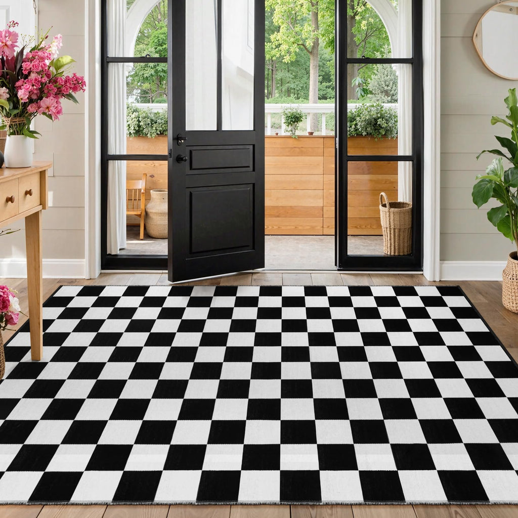 Seavish Checkered Rug, 2x3 Ft Black and White Moroccan Checkerboard Rug Washable Cotton Woven Washable Outdoor Rugs Reversible Floor Mat for Front Door Bedroom Entryway Kitchen Entryway