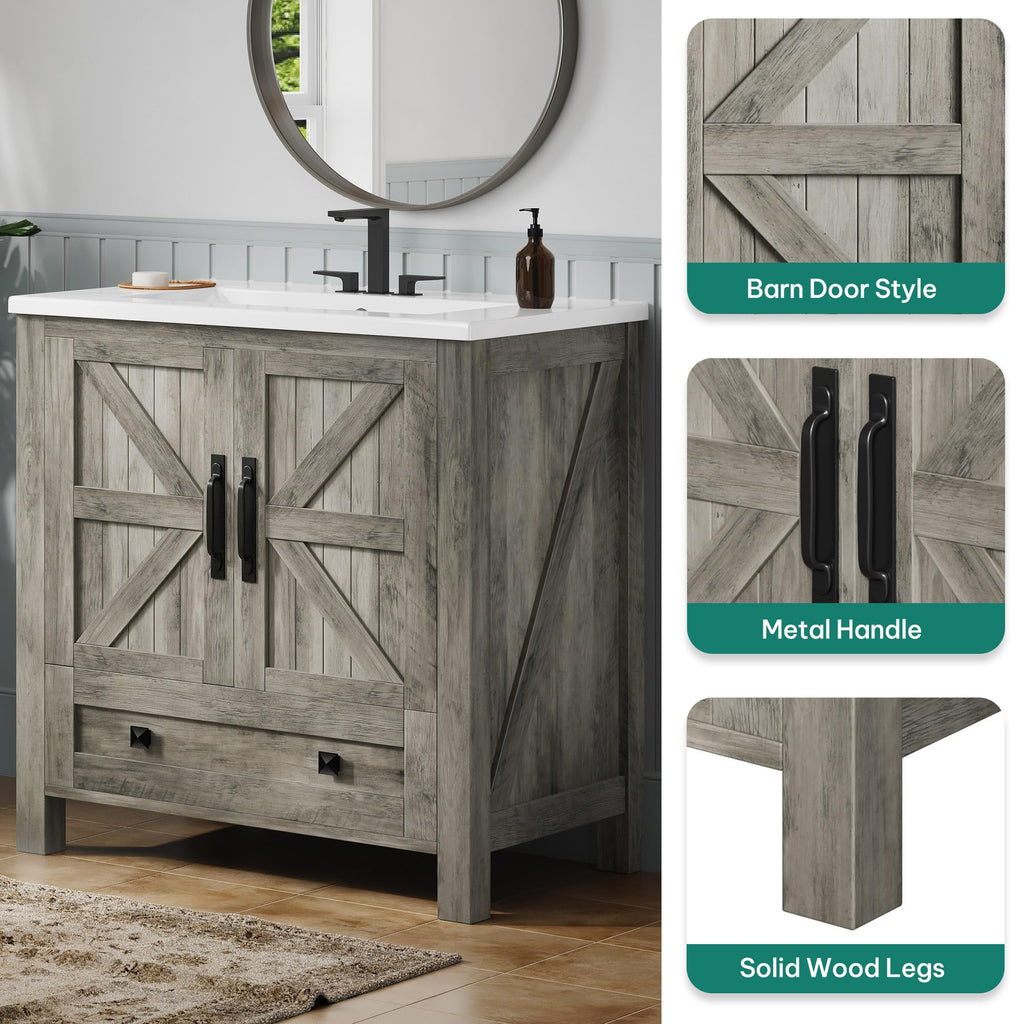 YITAHOME 30 Inch Farmhouse Bathroom Vanity with Sink, Small Space Bathroom Storage Cabinet with Large Drawer, 2 Wood Barn Doors with Built-in Door Racks