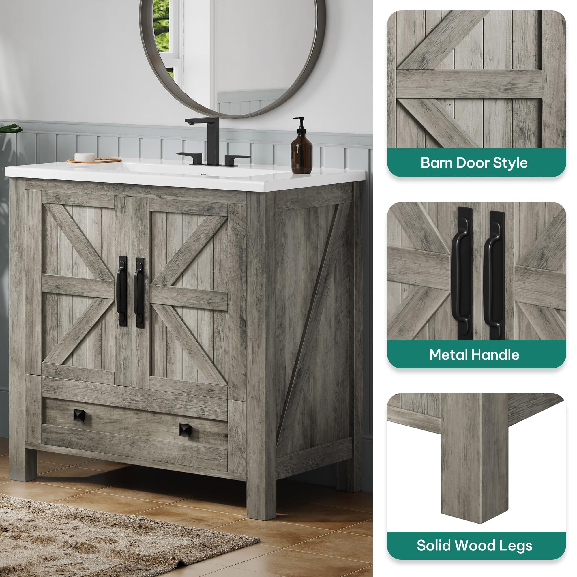 YITAHOME 30 Inch Farmhouse Bathroom Vanity with Sink, Small Space Bathroom Storage Cabinet with Large Drawer, 2 Wood Barn Doors with Built-in Door Racks