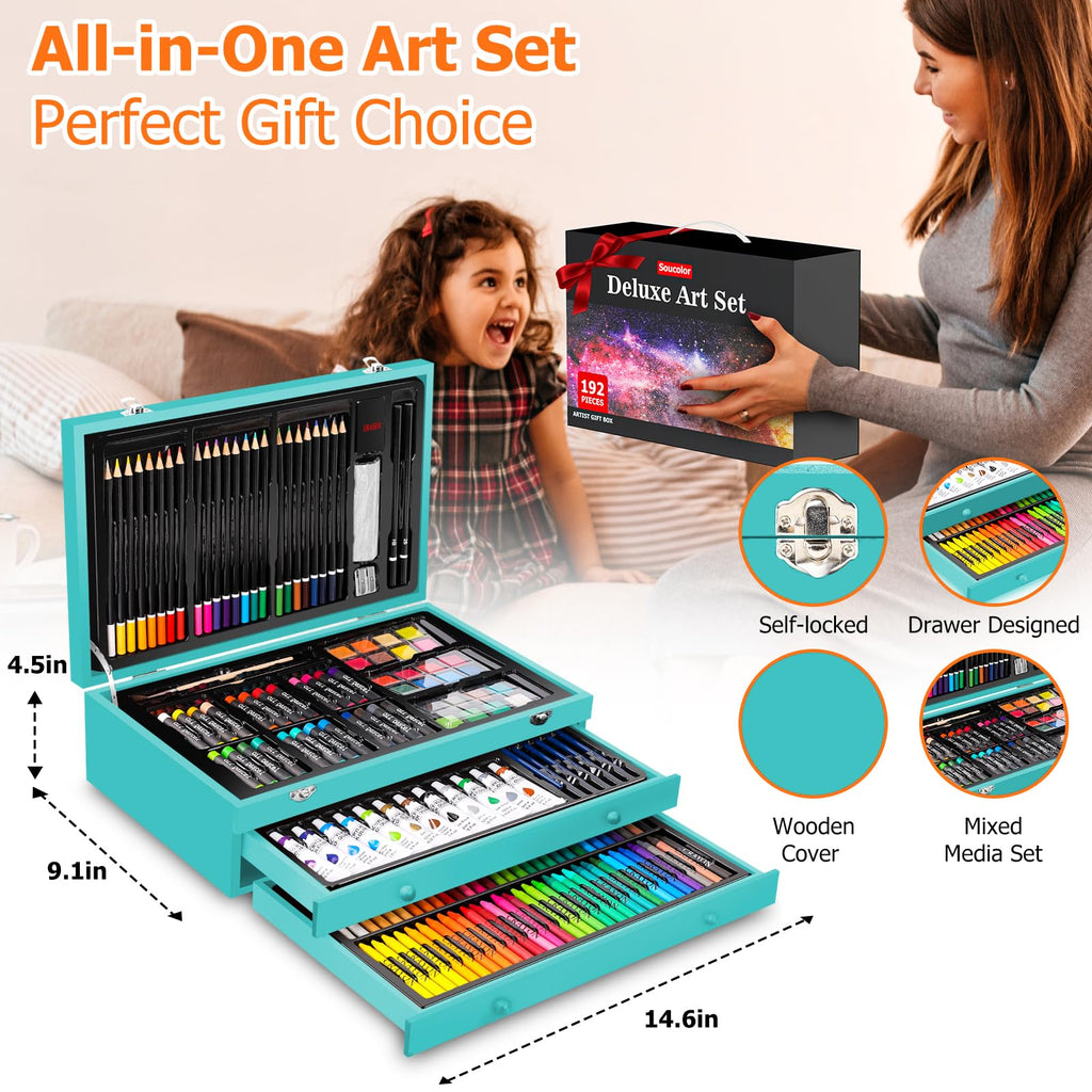 Soucolor Art Supplies, 192-Pack Deluxe Art Set Drawing Painting Supplies Kit with Acrylic Pad, Watercolor Pad, Sketch Book, Canvases, Acrylic Paint, Crayons, Pencils, Gifts for Artist Adults Teen Kids