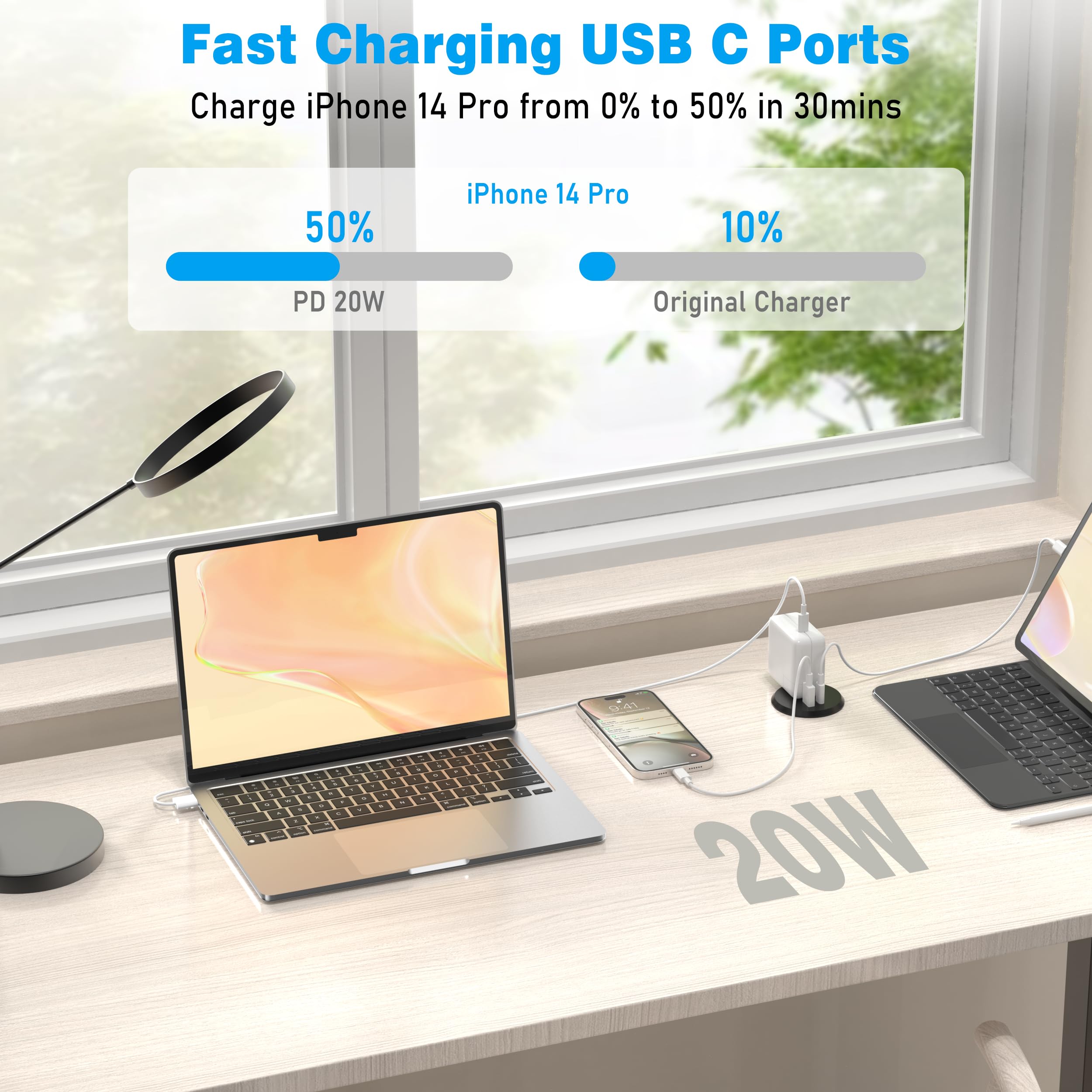 2 inch Desk Power Grommet Outlet, Recessed Power Outlet with 20W USB-C Fast Charging, for Conference Rooms, Office Tables, Furniture, 6FT Cord(ETL Listed)