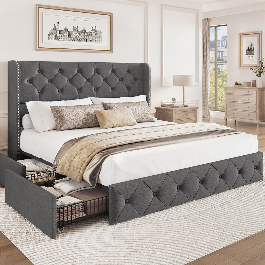 BRELTAM Full Size Bed Frame with Storage Drawers and Wingback Headboard Linen Upholstered Platform Bed Frame Tufted Beds with Heavy Duty Wood Slats, Noise Free, Easy Assembly, Beige
