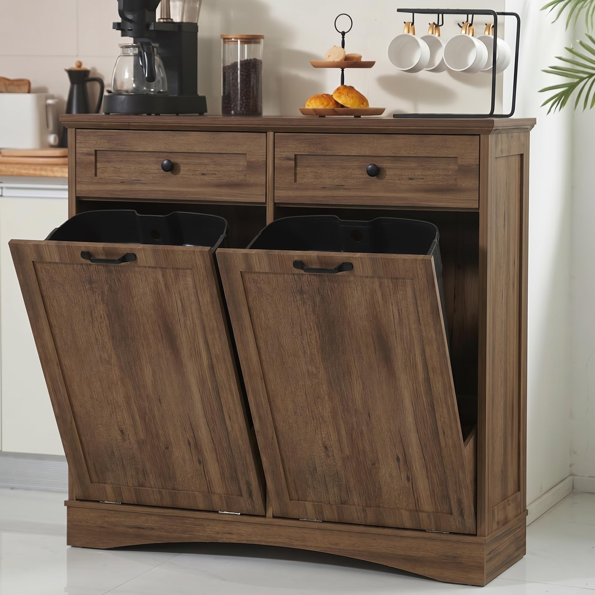 AHB Double Tilt Out Trash Can Cabinet Freestanding Kitchen Trash Can, 2x13 Gallons Hidden Garbage Recycling Cabinet with Hideaway Drawers Pet Proof Trash Can Holder for Kitchen, Antique White