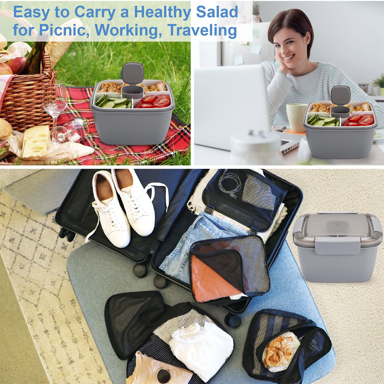 Freshmage Salad Lunch Container To Go, 52-oz Salad Bowls with 3 Compartments, Salad Dressings Container for Salad Toppings, Snacks, Men, Women (Blue)
