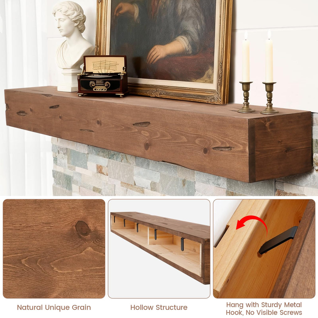 G GOOD GAIN Fireplace Mantel 54inch - Handmade Rustic Wood Mantel for Over Fireplace | Wall Mounted Floating Mantle Shelves for Living Room Decor(Chocolate, 54Lx5Hx8D)