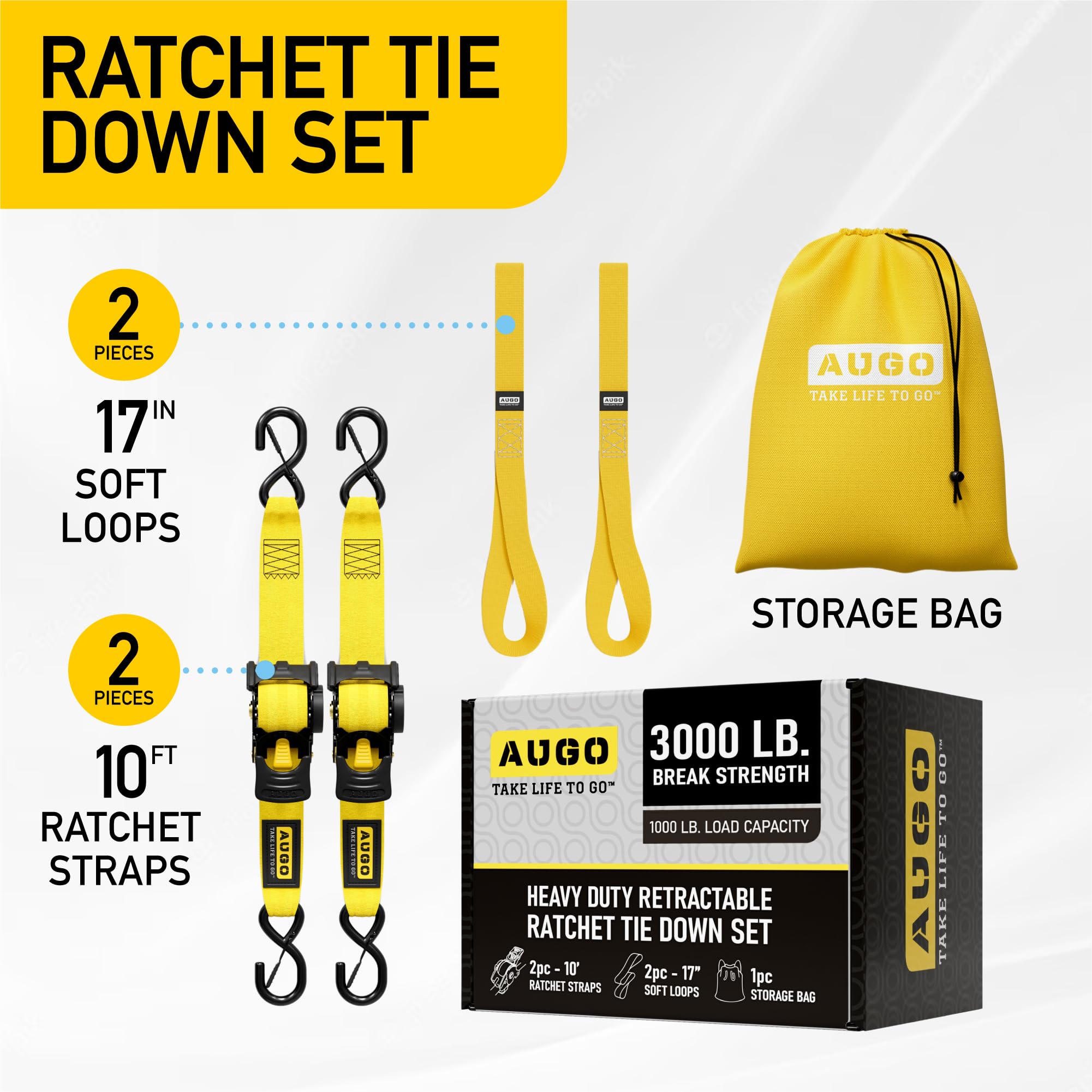 AUGO Retractable Ratchet Straps | 2 Heavy Duty Ratchet Straps Self Retractable Tie Downs with Soft Loops & Storage Bag for Motorcycle, Truck, Trailer, Cargo Van | 1200 Lb Break Strength 1” x 10’